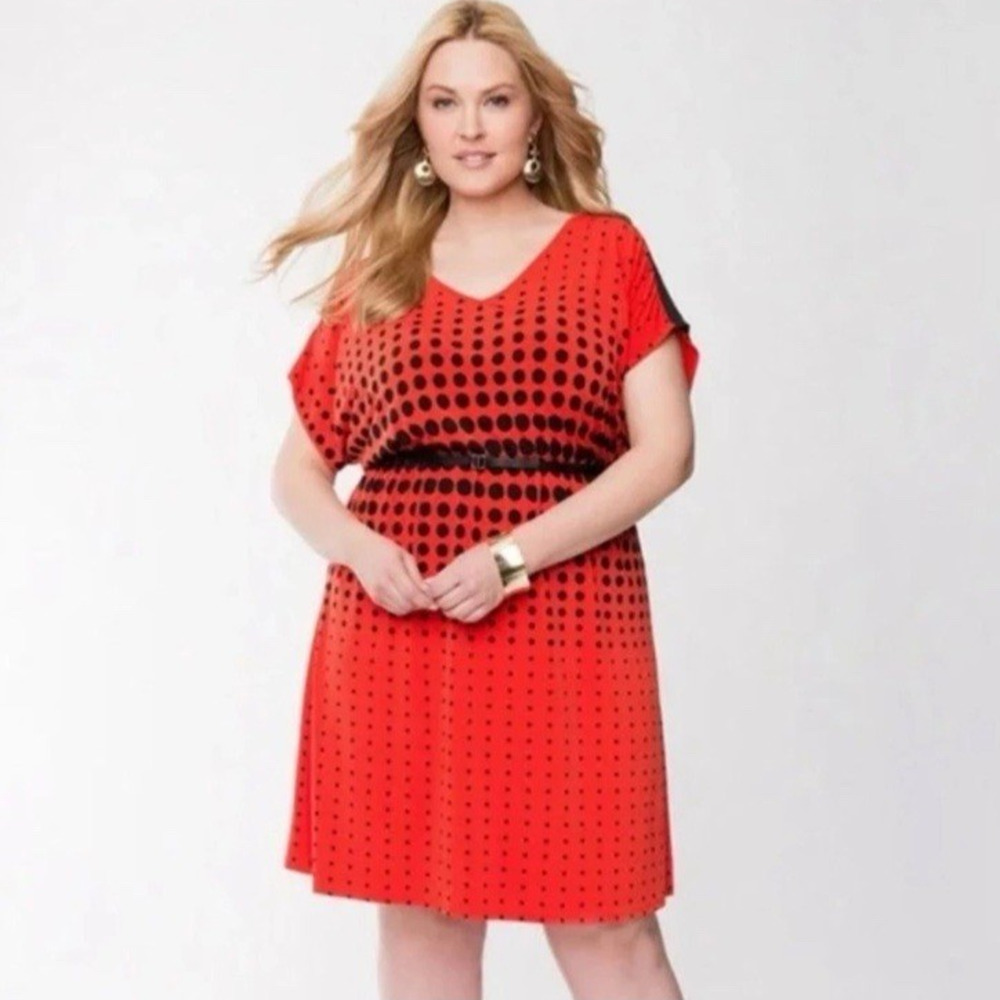 Lane Bryant Womens Sz 14 16 1x Polka Dot Dress Red Black Office Knee Length‎